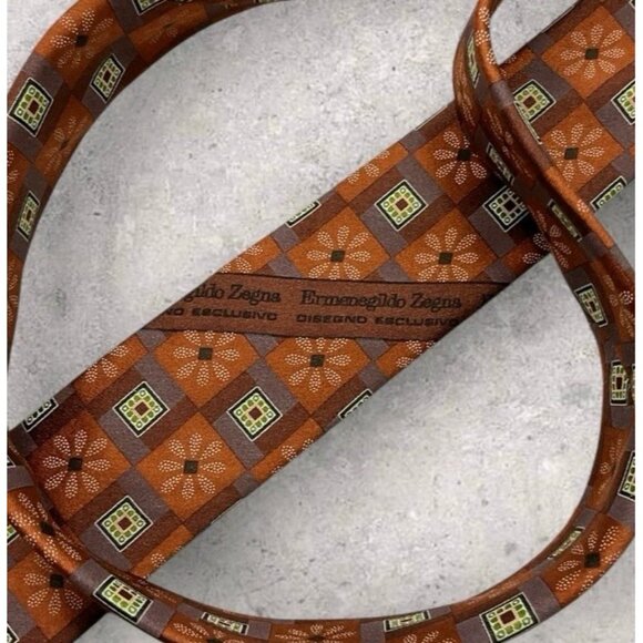 ERMENEGILDO ZEGNA Silk Tie ITALY Brown Orange Geometric Floral W:3.6" EUC - Picture 4 of 7